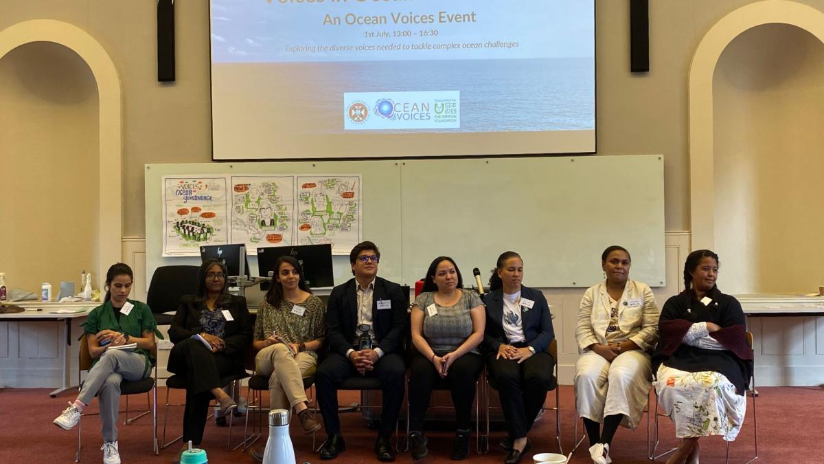 Ocean Voices Fellows panel participants from left to right: Ms Mariana Caldeira, Ms Munshidha Ibrahim, Dr. Maila Guilhon, Mr Sergio Cambronero Solano, Ms Kalene Eck, Ms Kathryn Audroing, Ms Alumita Sekinairai, and Ms Sheena Talma