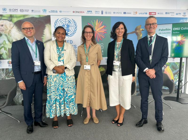 IOC/UNESCO Ocean Decade event at COP16. From left : Vidar Helgesen, Executive Secretary IOC,Alumita Sekinairai, Ocean Voices BBNJ IPLC Project Manager, Alison Clausen, Deputy Coordinator - Ocean Decade, IOC/UNESCO,Kimberly Mathisen, Chief Executive Officer, Hub Ocean, Gideon Henderson, Chief Scientist DEFRA, Decade Advisory Board Member.